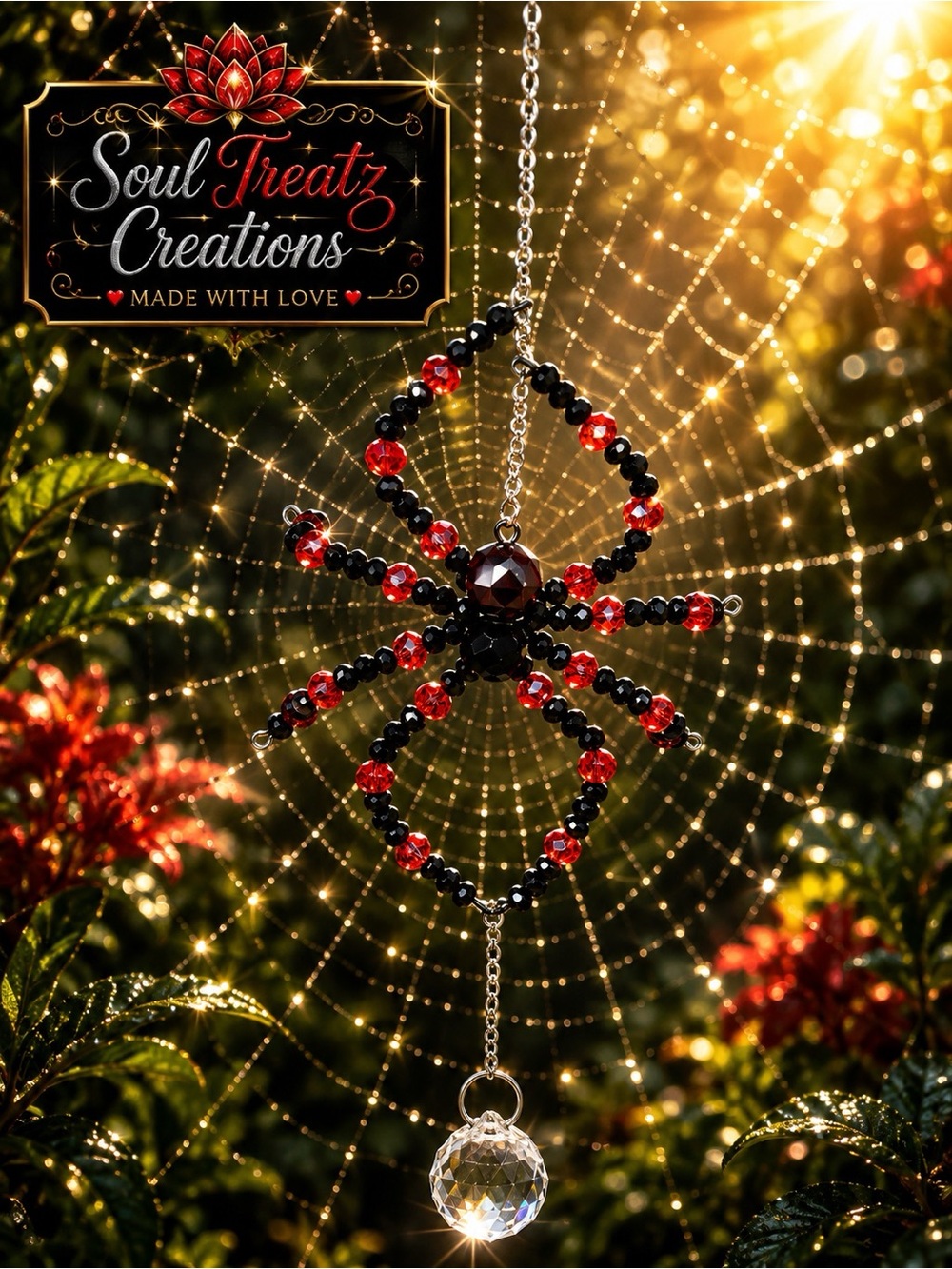 Black & Red Beaded Spider Crystal Sun Catcher
